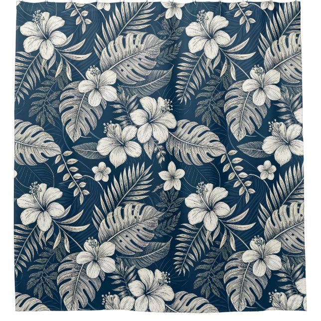 Navy Blue Hibiscus Monstera Tropical Botanical Duschvorhang (Vorderseite)
