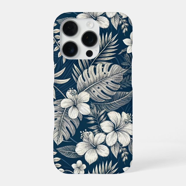Navy Blue Hibiscus Monstera Tropical Botanical iPhone Hülle (Rückseite)