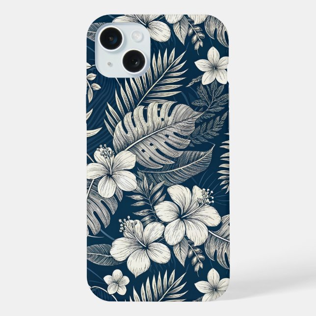 Navy Blue Hibiscus Monstera Tropical Botanical iPhone Hülle (Rückseite)