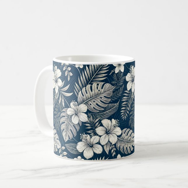 Navy Blue Hibiscus Monstera Tropical Botanical Kaffeetasse (Vorderseite Links)