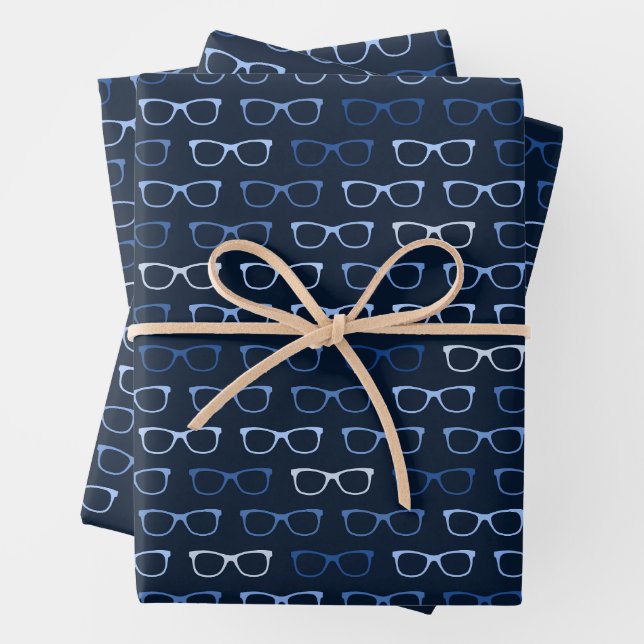 Navy Blue Hipster Glasses Pattern Nerd Geschenkpapier Set (Beispiel)