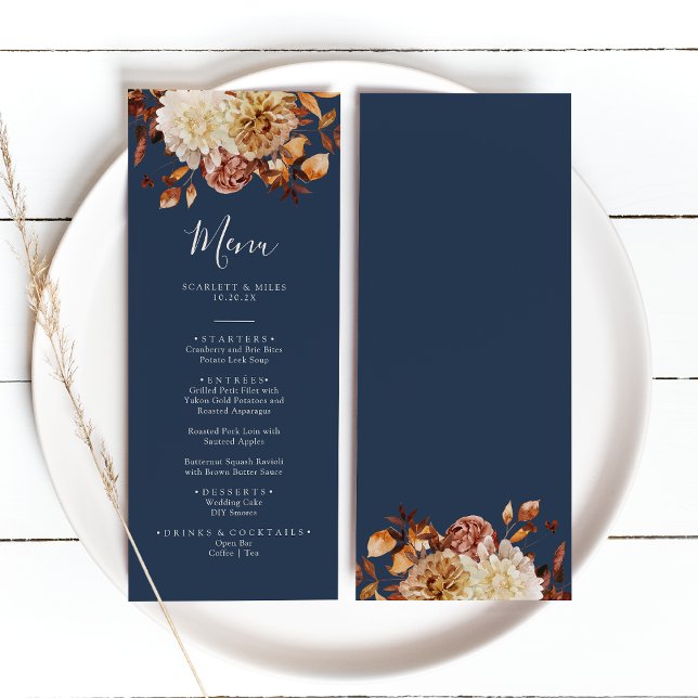 Navy Blue Hochzeit im Herbst Menükarte (Navy Blue Autumn Floral Wedding Menu by Painted Paperie
)