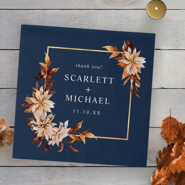 Navy Blue Hochzeit im Herbst Napkins Serviette (Personalized Navy Blue Fall Floral Gold Frame Wedding Napkins by Painted Paperie

)
