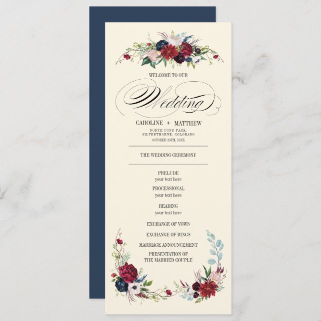 Navy Blue | Hochzeitsprogramm für Burgund Rote Flo Einladung (Vorne/Hinten)