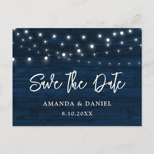 Navy Blue Holding String Lichter Hochzeit speicher Postkarte (Vorderseite)