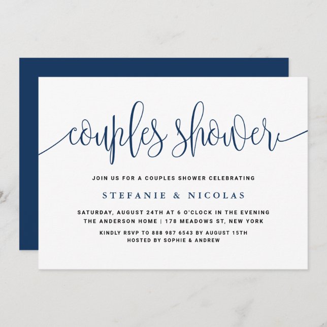 Navy Blue Hübsch Calligraphy Couples Dusche Einladung (Vorne/Hinten)