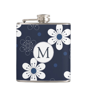 Navy Blue Hübsch Floral Monogram Flachmann