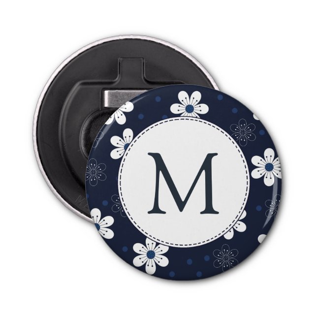 Navy Blue Hübsch Floral Monogram Flaschenöffner (Vorderseite)