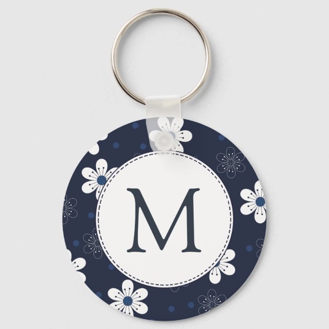 Navy Blue Hübsch Floral Monogram Schlüsselanhänger (Vorderseite)