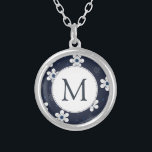 Navy Blue Hübsch Floral Monogram Versilberte Kette<br><div class="desc">Hübsches marineblau-weißes,  modernes Blumenmuster auf personalisierter Halskette.</div>
