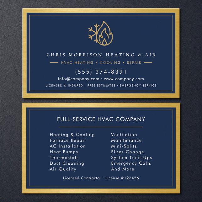 Navy Blue HVAC Company QR Code Gold Metallic Visitenkarte (Von Creator hochgeladen)