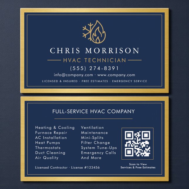 Navy Blue HVAC Contractor QR Code Gold Metallic Visitenkarte (Von Creator hochgeladen)
