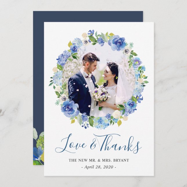Navy Blue Hydrangea Floral Wreath Foto Vielen Dank Dankeskarte (Vorne/Hinten)
