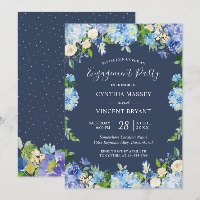 Navy Blue Hydrangeas Floral Engagement Party Einladung (Vorne/Hinten)