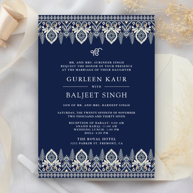 Navy Blue Ikat Anand Karaj Sikh Hochzeitseinladung Einladung (Von Creator hochgeladen)