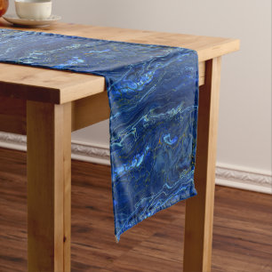 Navy Blue & Imitate Gold Marmor Akrylabstraktion Kurzer Tischläufer