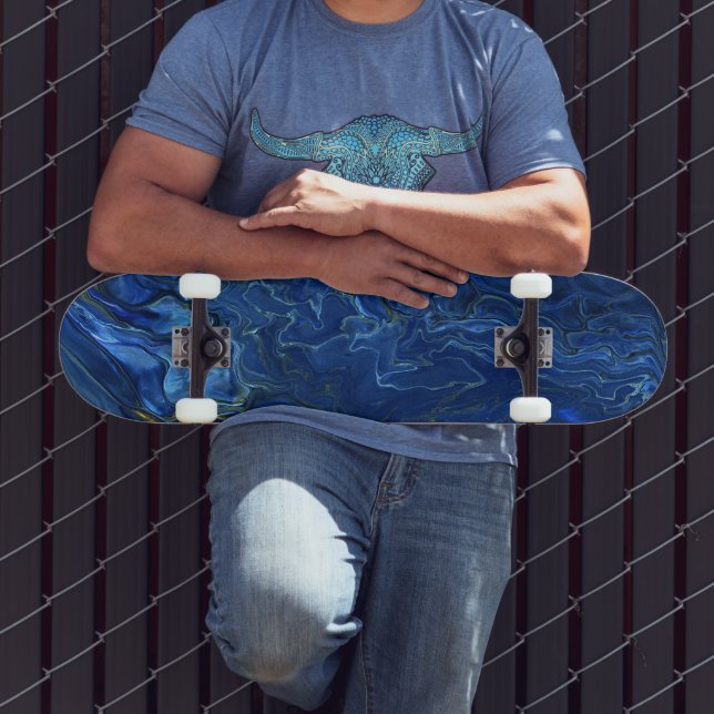 Navy Blue & Imitate Gold Marmor Akrylabstraktion Skateboard (Außenbereich 3)