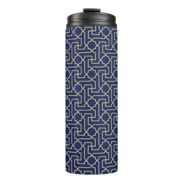 Navy Blue & Imitate Gold marokkanische Mosaikmuste Thermosbecher (Vorderseite)