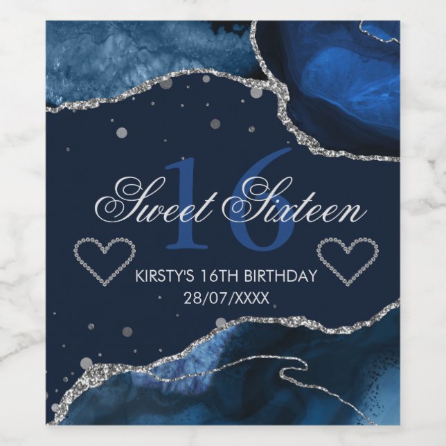 Navy Blue & Imitate Silver Glitzer Agate Sweet 16 Weinetikett (Einzelnes Label)