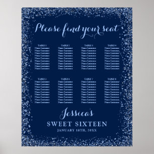 Navy Blue Imitats Glitzer Sweet 16 Seating Chart Poster