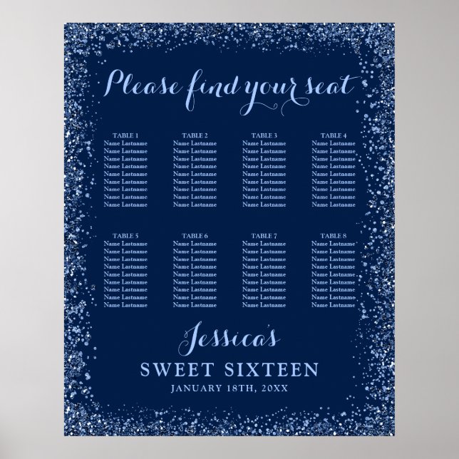 Navy Blue Imitats Glitzer Sweet 16 Seating Chart Poster (Vorne)