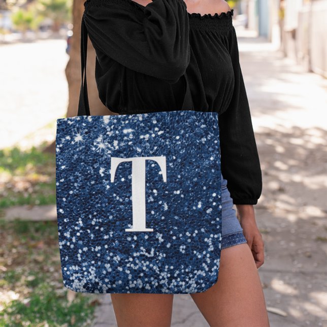 Navy Blue Imitats Glitzern Bokeh Funkelnd Monogram (Navy Blue Chunky Glitter Monogram Tote Bag)