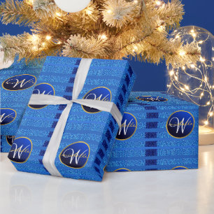 Navy Blue Imitats Glitzern Bokeh Funkelnd Monogram Geschenkpapier
