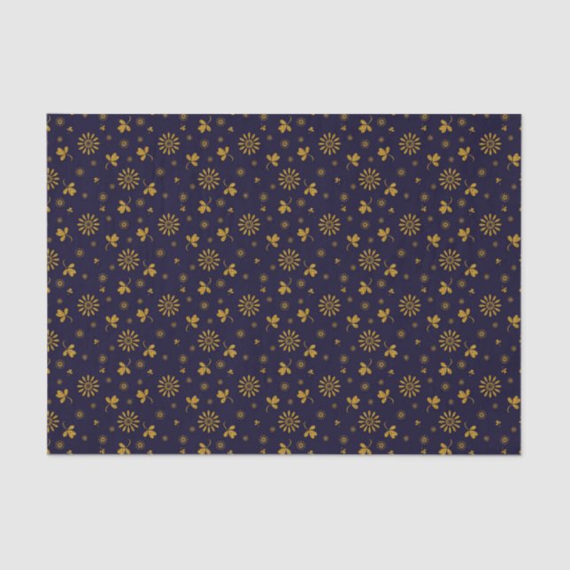 Navy Blue Imitats Gold Foil Floral Blätter Seidenpapier (Vorderseite)