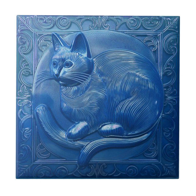 Navy Blue Imitats Relief Art Nouveau Cat Fliese (Vorderseite)