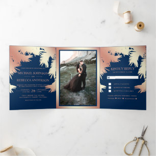 Navy Blue Imitats Rose Gold Foil Palm Blätter Hoch Dreifach Gefaltete Einladung
