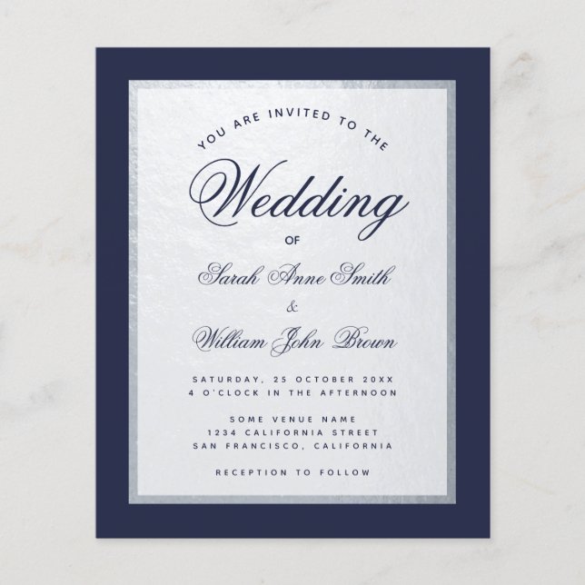 Navy Blue Imitats Silver Budget Einladung Hochzeit (Vorderseite)