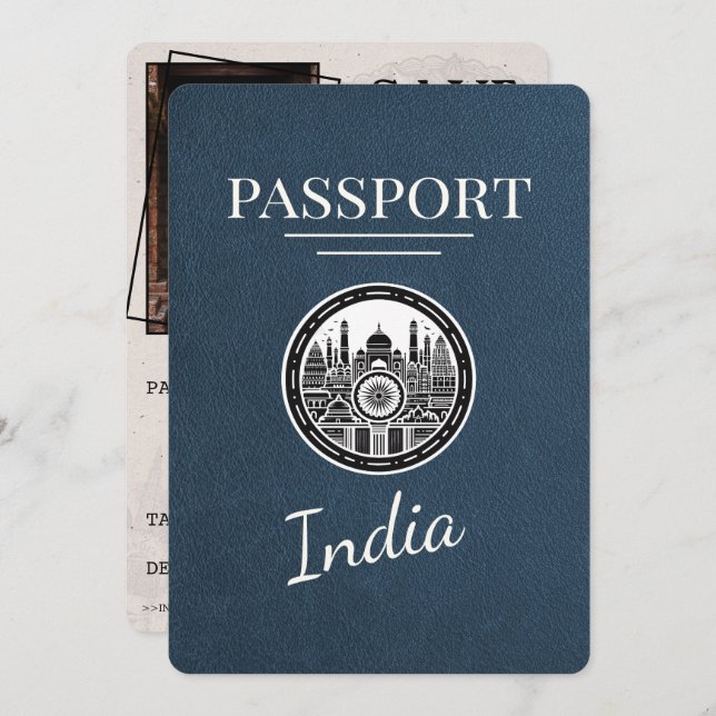 Navy Blue India Passport Save the Date (Vorne/Hinten)
