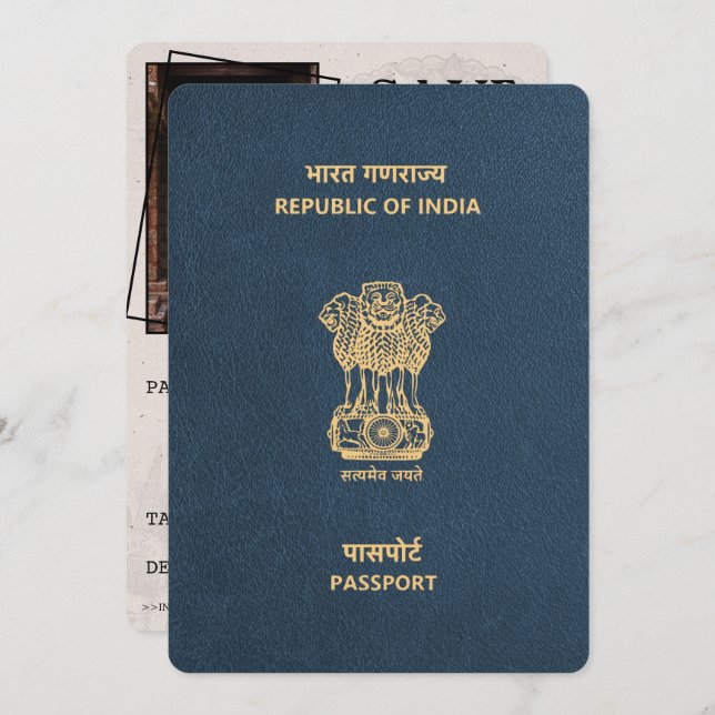 Navy Blue India Passport Save the Date (Vorne/Hinten)