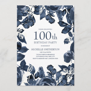 Navy Blue Indigo Blätter 100. Geburtstag Einladung