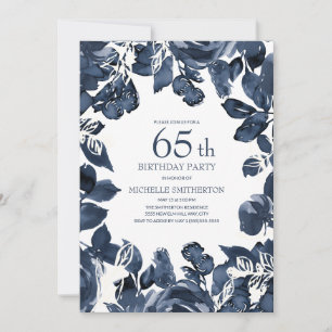 Navy Blue Indigo Blätter 65. Geburtstag Einladung