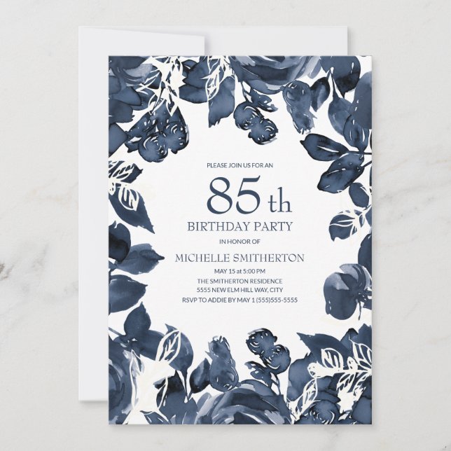 Navy Blue Indigo Blätter 85. Geburtstag Einladung (Vorderseite)