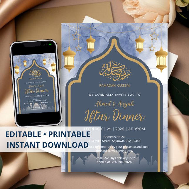 Navy Blue Ink & Gold Frame Iftar Invitation Einladung (Von Creator hochgeladen)