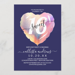Navy Blue Iridescent Foil Heart Ballon Sweet 16 Einladung
