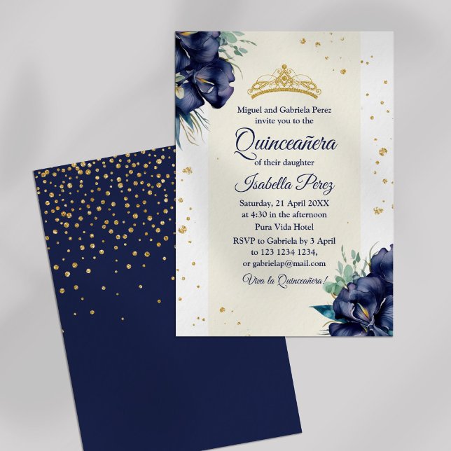 Navy Blue Iris und Glitzer Tiara Quinceanera Einladung (Navy Blue Iris and Glitter Tiara Quinceanera Invitation on off-white background.)