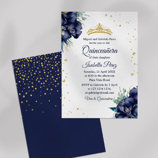 Navy Blue Iris und Glitzer Tiara Quinceanera Einladung