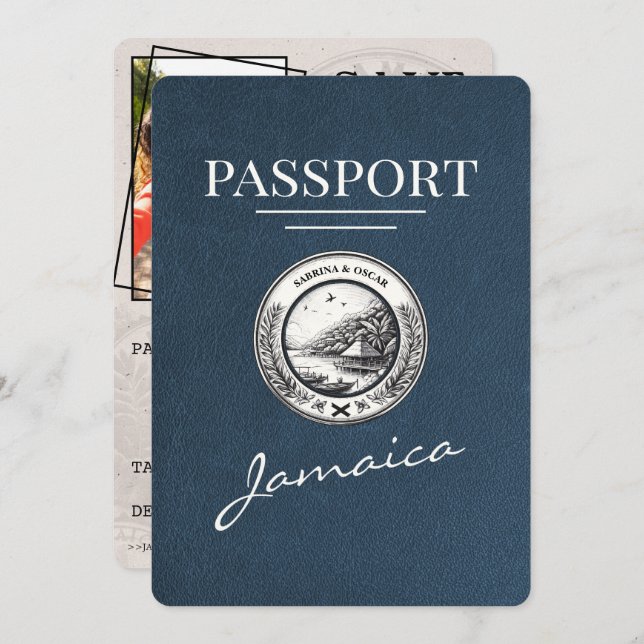 Navy Blue Jamaica Passport Save the Date (Vorne/Hinten)