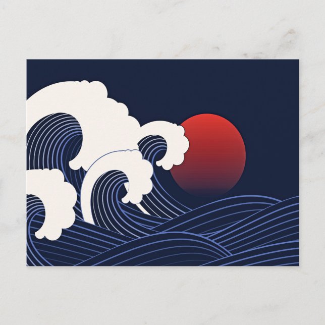 Navy Blue Japanischer Wave mit Red Moon Zeichnend Postkarte (Vorderseite)
