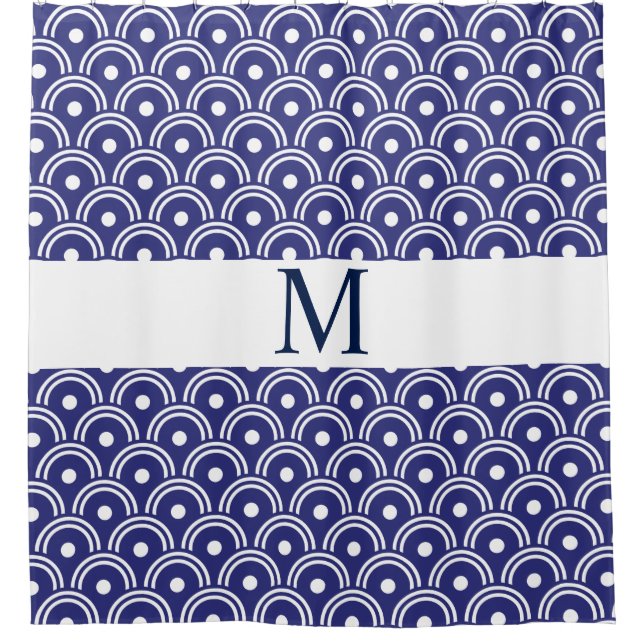 Navy Blue Japanisches Muster Monogram Duschvorhang (Vorderseite)
