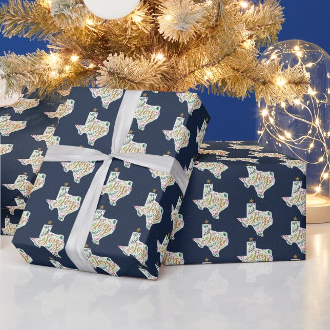 Navy Blue Joy Holiday Blätter Texas Shape Geschenkpapier (Feiertage)