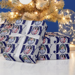Navy Blue JOY und Schneeflocken zwei Foto Weihnach Geschenkpapier