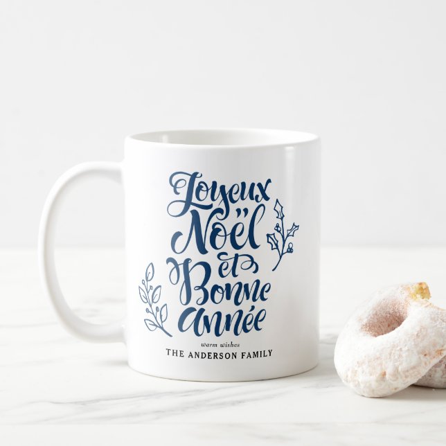 Navy Blue Joyeux Noël und Bonne Année Calligraphy Kaffeetasse (Mit Donut)