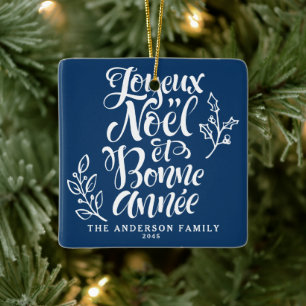 Navy Blue Joyeux Noël und Bonne Année Calligraphy Keramikornament