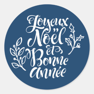 Navy Blue Joyeux Noël und Bonne Année Christmas Runder Aufkleber
