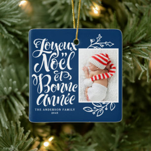 Navy Blue Joyeux Noël und Bonne Année Foto Keramikornament