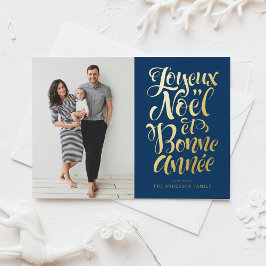 Navy Blue Joyeux Noël und Bonne Année Script-Foto Folien Feiertagspostkarte